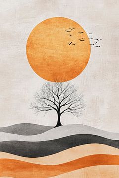 Tree and sun in soft earthy colours by Poster Art Shop