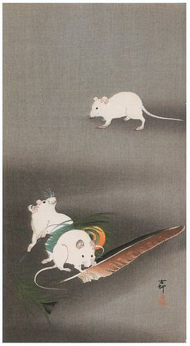 Ohara Koson - Peacock feathers and white mice (edited)