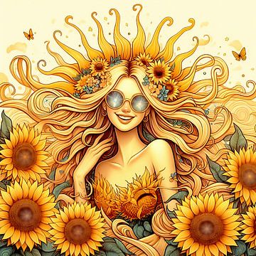 Meisje met zonnebloemen van Digital Art Nederland
