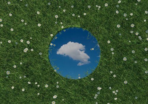 Ronde spiegel weerspiegelt witte enkele wolk en ligt op groene weide omringd door madeliefjes