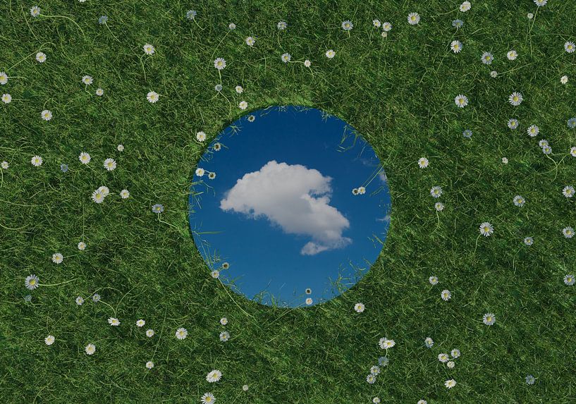 Ronde spiegel weerspiegelt witte enkele wolk en ligt op groene weide omringd door madeliefjes van Besa Art