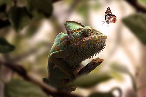 Ein Chamäleon trifft einen Schmetterling