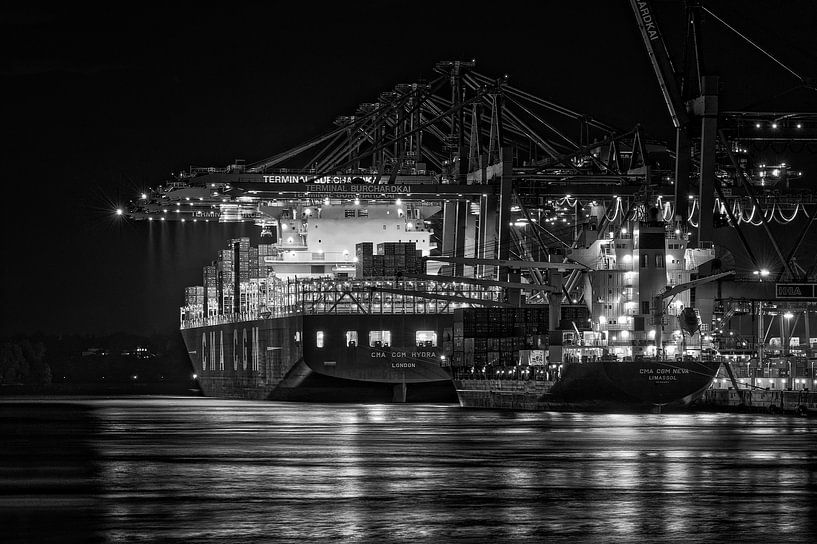 Hamburg - containerschip zwart-wit van Das-Hamburg-Foto