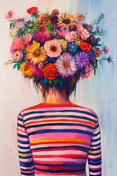 Bloemenkrans op een gestreept shirt - kleurrijk van Poster Art Shop