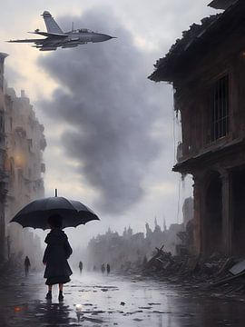 Ein Mädchen unter einem Regenschirm in einer zerbombten Stadt von Retrotimes