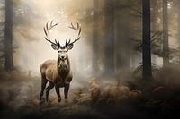 Majestueus hert in een Mistig Bos: Geïnspireerd op Britse Landschappen en Barokke Dieren