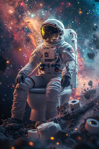 Humoristische astronaut op het toilet in de ruimte