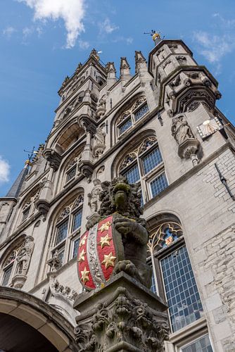 Uitzicht op het wapen van Gouda op het oude Stadhuis van Gouda