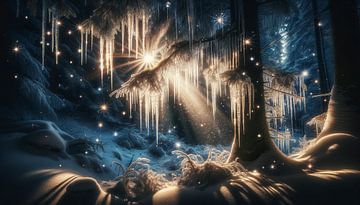 Wintersprookje: stralende sterren boven een ijspegelbos van artefacti
