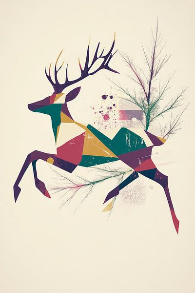 Bunter Hirsch im dynamischen Sprung von Poster Art Shop