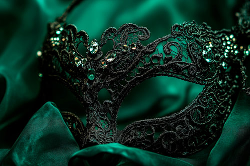 Elegante schwarze Maske auf grünem Samt