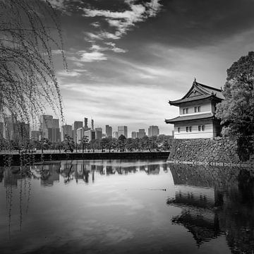 Sakurada Tatsumi Yagura met skyline van Tokio | monochroom van Melanie Viola