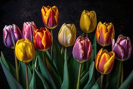 Vibrant tulips on a dark background by Art & Soul Creations
