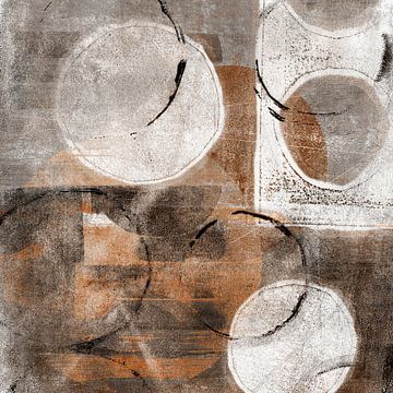 Moderne abstracte vormen en lijnen in aardetinten. Wit, roestbruin, zwarte cirkels. van Dina Dankers