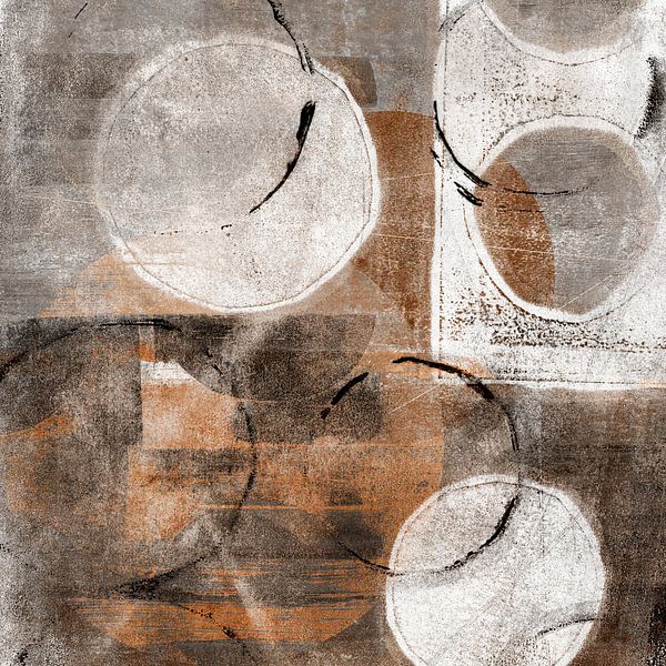 Modern abstract shapes and lines in earth tints. White, rusty brown, black circles. by Dina Dankers
