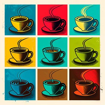 Collage van kopjes koffie in Pop Art stijl