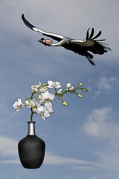 illustratie met een zwarte vaas, orchidee en kroonkraanvogel met een blauwe lucht van W J Kok