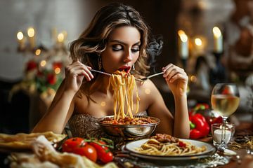 woman eats spaghetti by Egon Zitter
