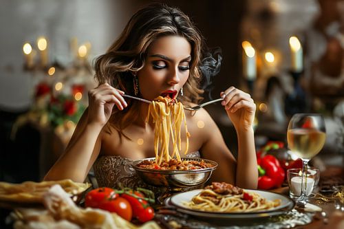 vrouw eet spaghetti