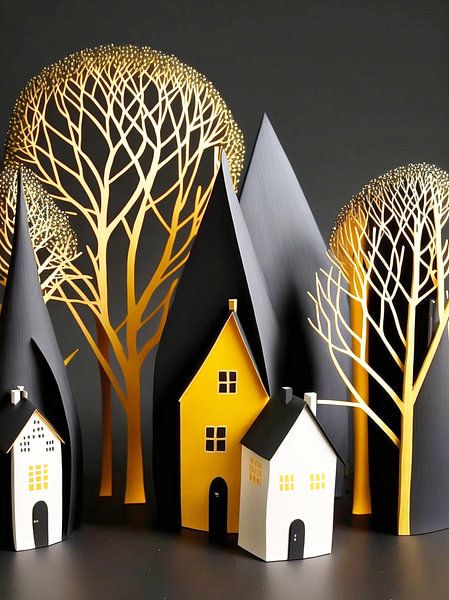 Paysage miniature papier blanc noir gris jaune maisons arbres par gm_designs