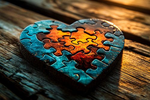 Puzzle en forme de coeur sur une table en bois