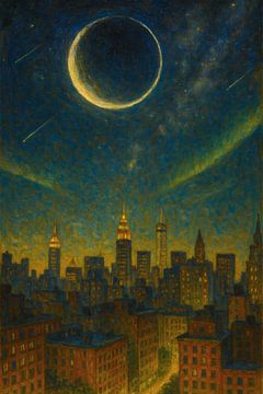 Crescent Moon Over a Dreamlike Cityscape at Night