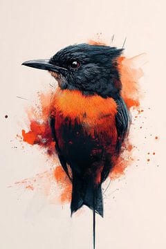 Vogelportret Vuurrode Elegantie in Inkt en Aquarel van Eva Lee