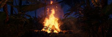 Feu de camp dans la forêt tropicale la nuit sur Besa Art