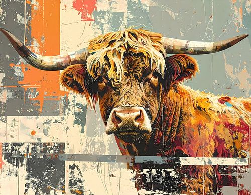 Mixed media kunstwerk koe met hoorns