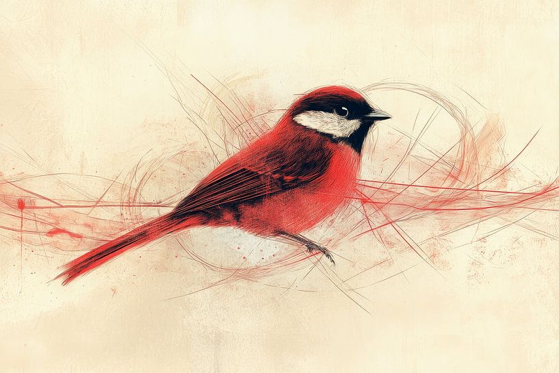 Red Songbird in Abstract Movement by Eva Lee