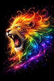 Rainbow Lion Roar – Cosmic Neon Wildlife Art for Gamer & Fantasy by Faheem Beigh