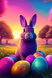 Easter bunny with colourful Easter eggs in the grass with birch trees by Jörg B. Schubert