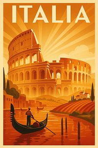 Italia Art Deco Poster - Kolosseum und Gondel in goldenem Licht