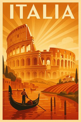 Italia Art Deco Poster – Colosseum and Gondola in Golden Light