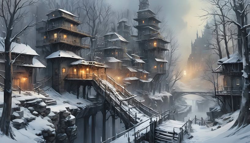 une ville dans la forêt, enneigée en hiver par Nick Wendt