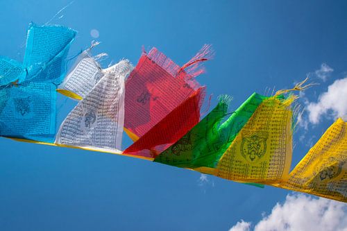 De gebedsvlaggetjes wapperen in de wind, Tibet