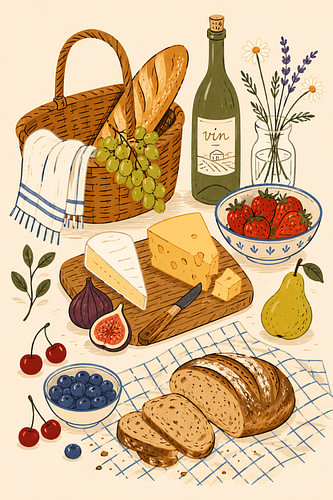 Picknickstilleven met brood en wijn