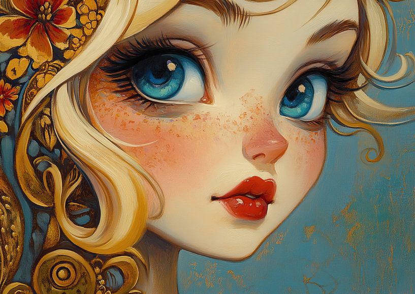 Mädchen mit großen Augen | Mädchen mit Blumen von Blickfänger Gemälde