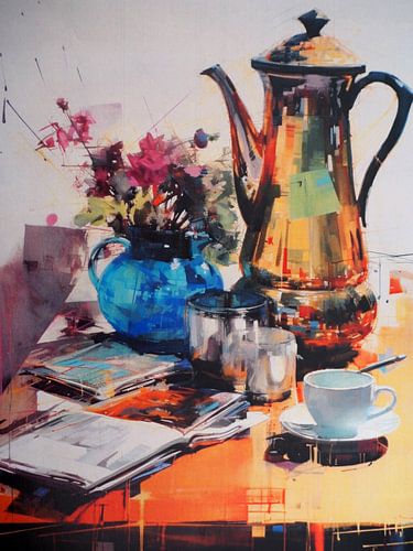 Coffee break jug cup flower vase reading table