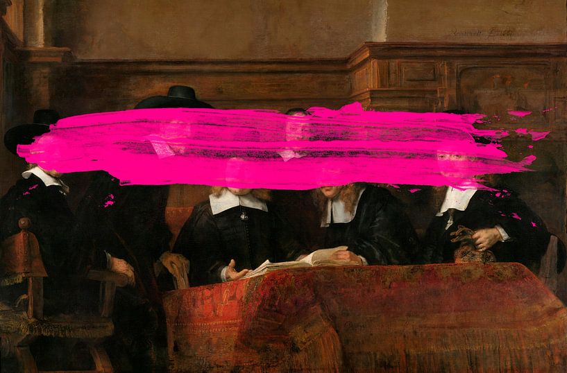 Les Maîtres de l'acier de Rembrandt van Rijn avec une subtile tache rose dedans par Maarten Knops