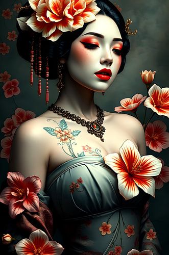 Geisha oosterse vrouw met bloemen