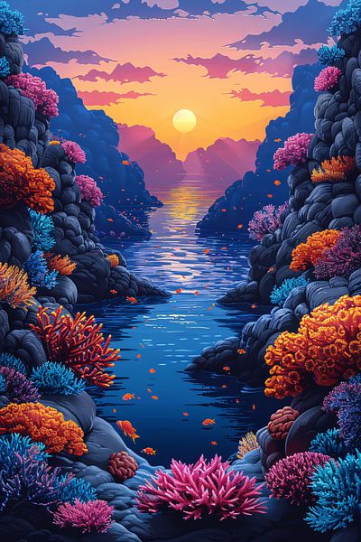 Farbenfrohes Korallenriff bei Sonnenuntergang von Art & Soul Creations