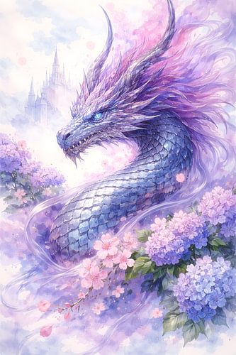 Dragon aux couleurs pastel dans un jardin d'hortensias : une œuvre d'art fantastique à l'aquarelle