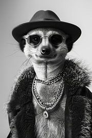 Meerkat with hat and sunglasses in black and white