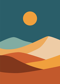 Minimalistisch landschap met abstracte bergketens en woestijnduinen