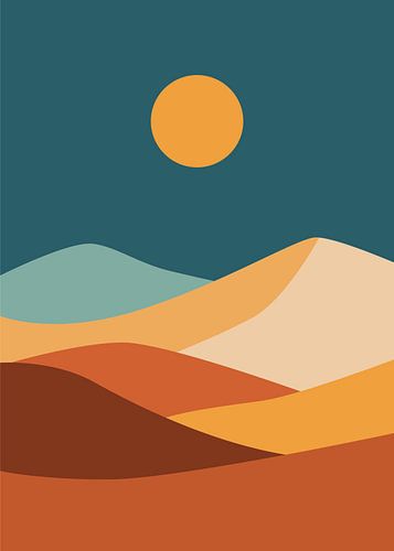Minimalistisch landschap met abstracte bergketens en woestijnduinen