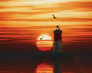 Phare de Pierre Noires avec un coucher de soleil et des nuages Stratus Yellow Alto sur Jan Keteleer