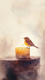 Roodborst op kaars in warm licht