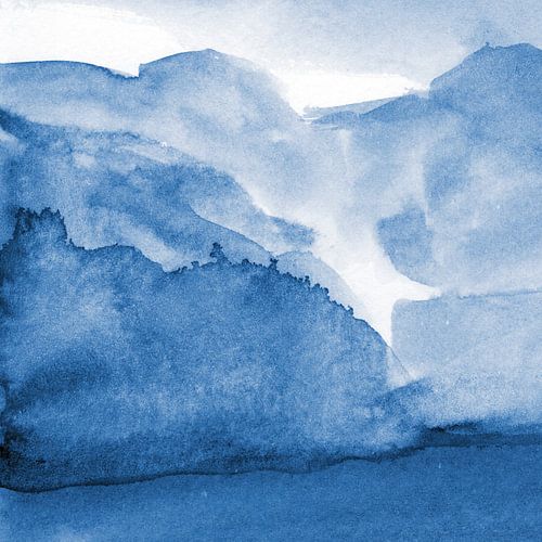 Modern abstract aquarel landschap in kobaltblauw nr. 1