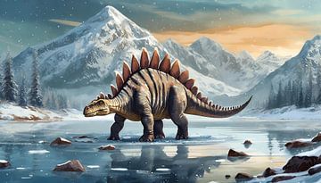Stegosaurus dinosaur goes alone into the cold lake, art design by Animaflora PicsStock